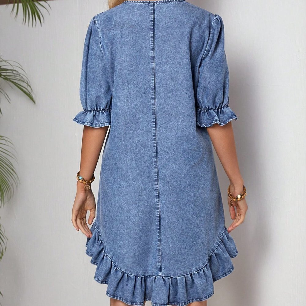 Blue Casual Women's Round Neck Short Puff Sleeve Denim Dress With Ruffled Hem - Picture 2 of 5